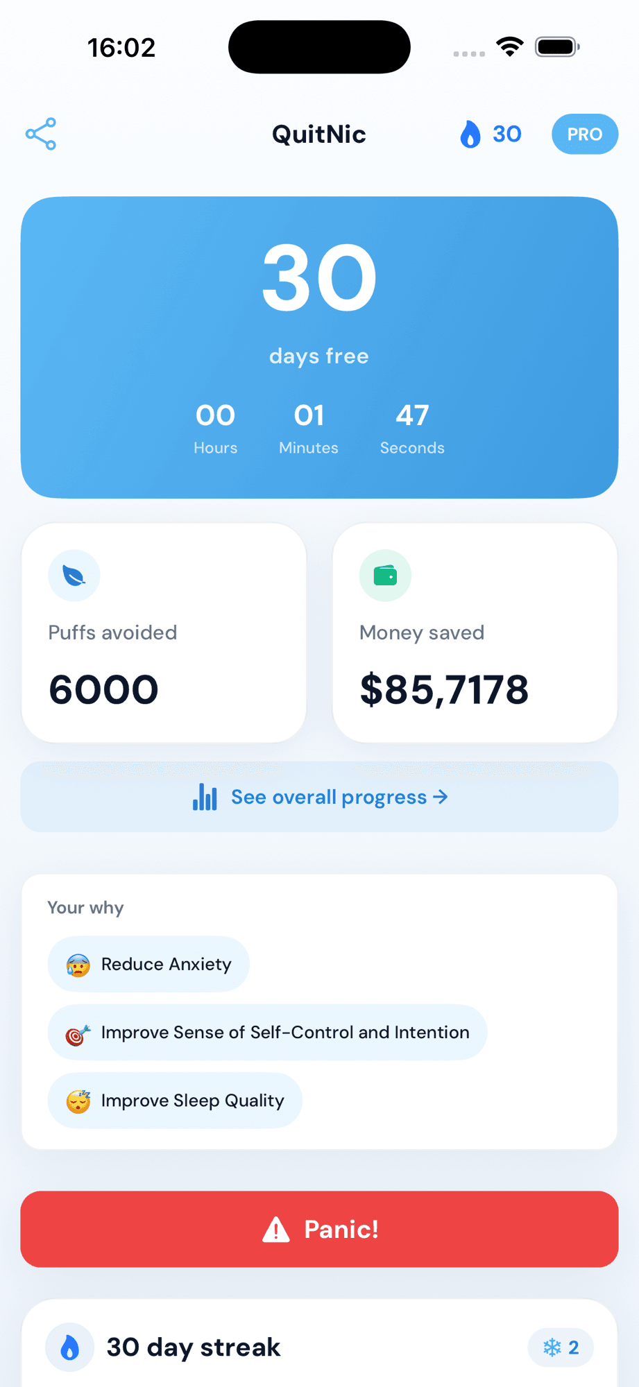 QuitNic quit nicotine app dashboard showing 30 days free, puffs avoided and money saved