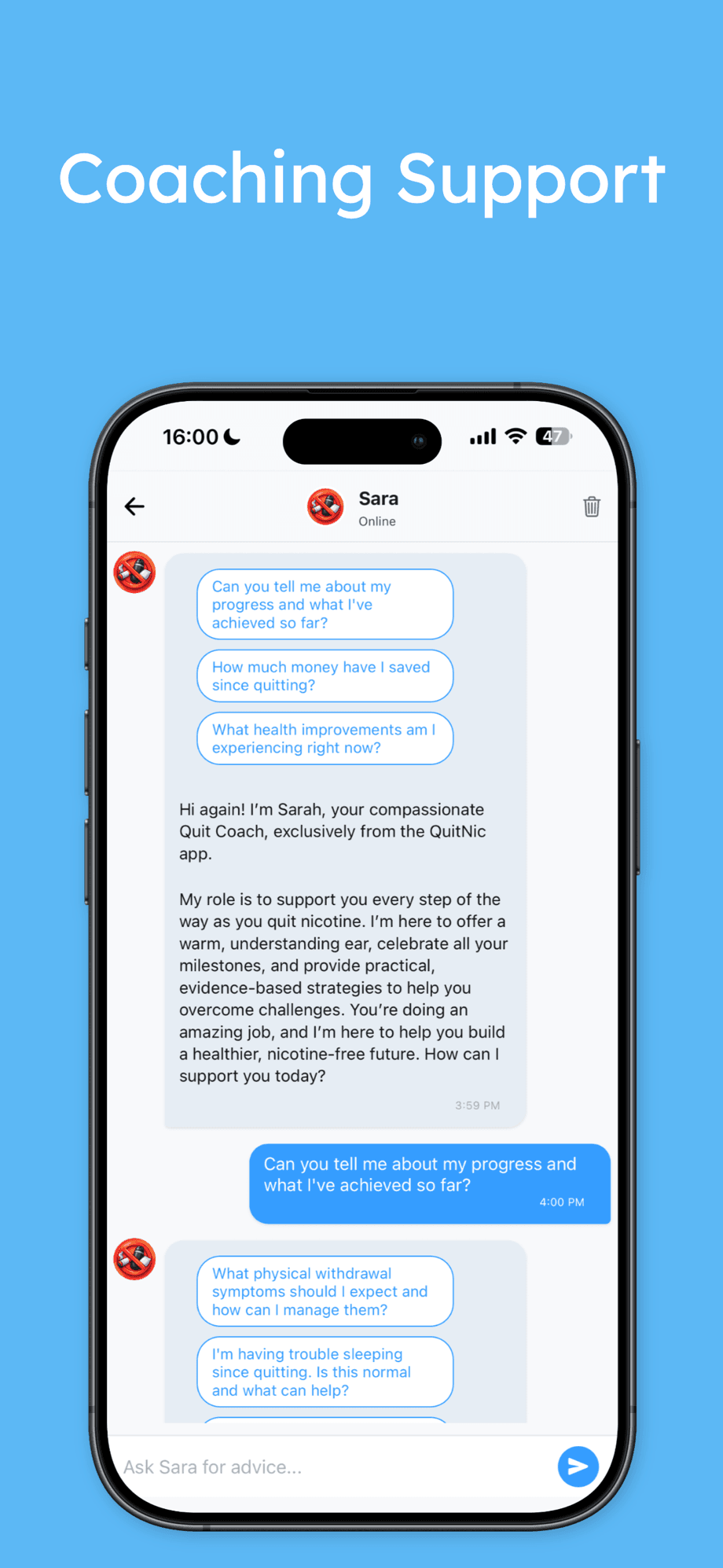 QuitNic app screenshot: Talk to your AI quit coach