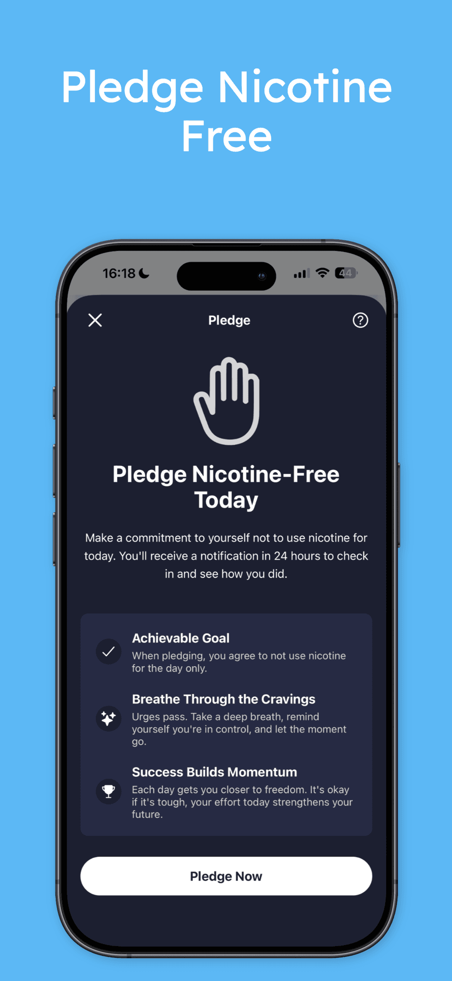 QuitNic app screenshot: pledge to stay nicotine-free today