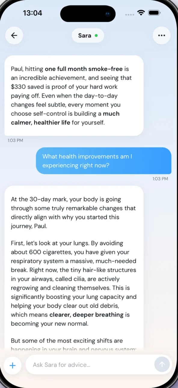 Chat with Sara, the QuitNic AI coach