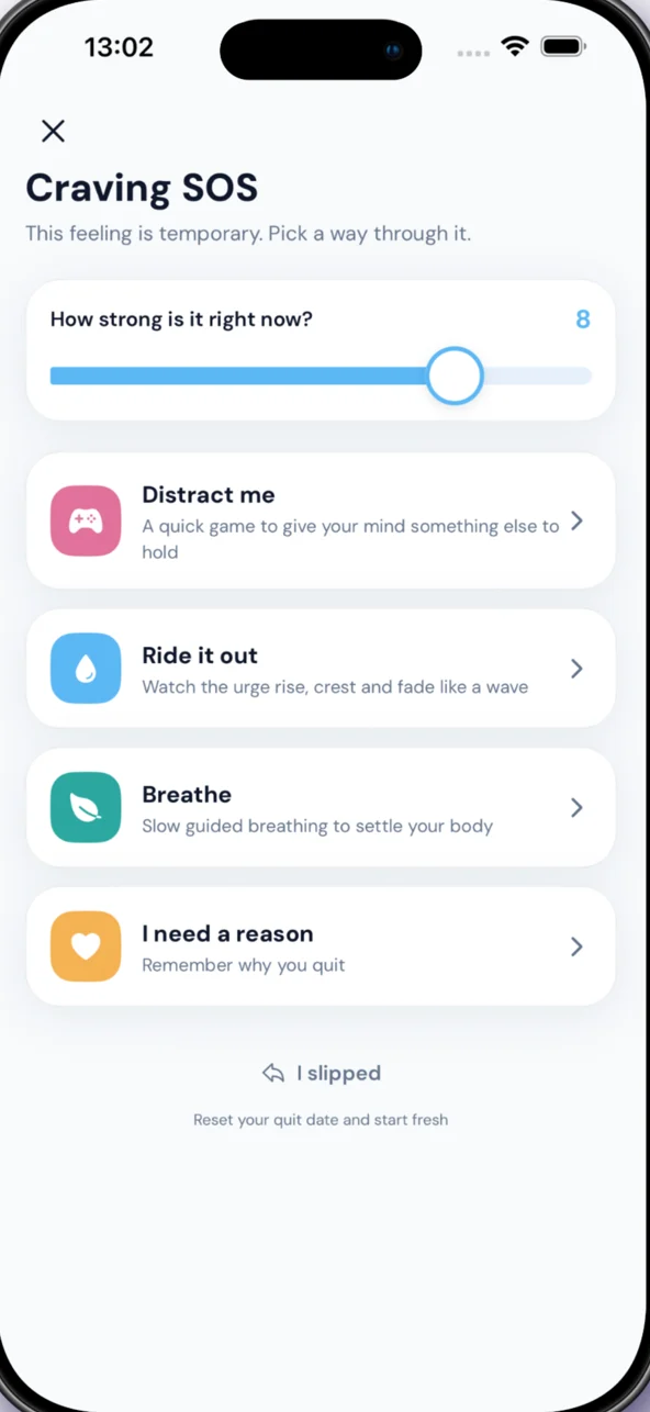 Craving SOS screen with breathing and distraction options